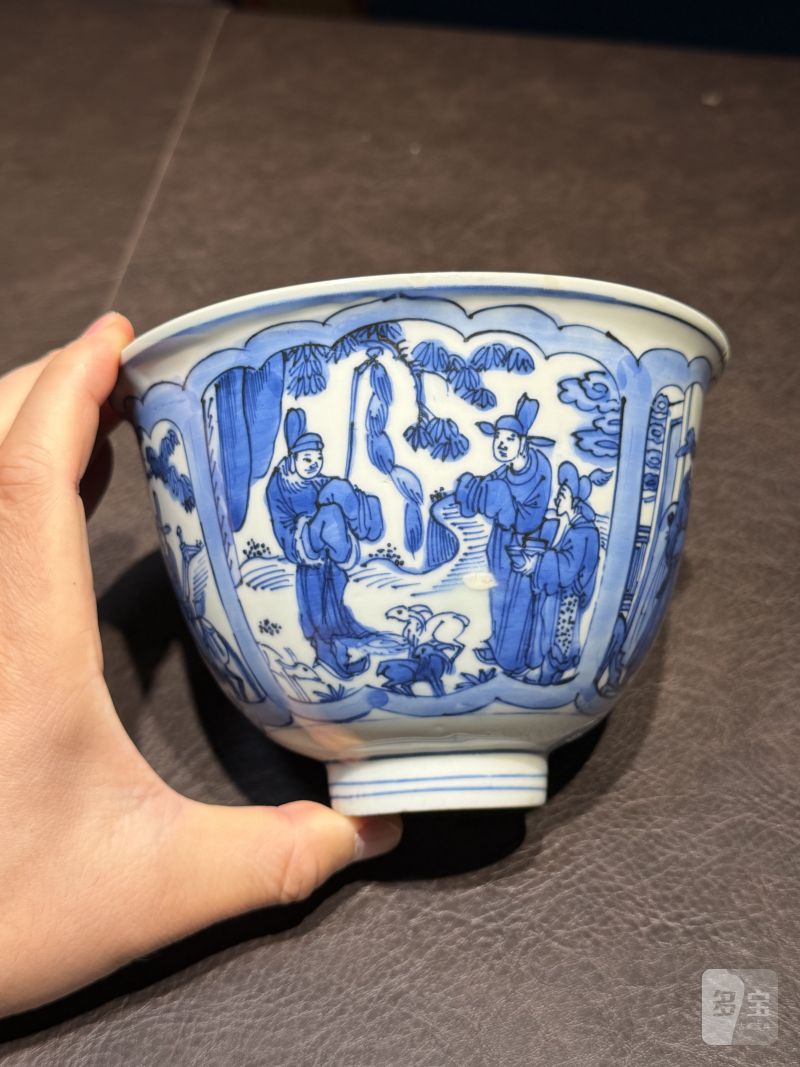 明嘉靖 青花开光人物故事图碗 - 图8